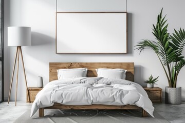 Modern minimalist bedroom with a framed picture above a bed, white linens, and a plant beside a lamp.