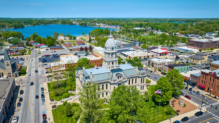 Aerial View of Historic Courthouse and Bustling Town, Warsaw, Indiana
