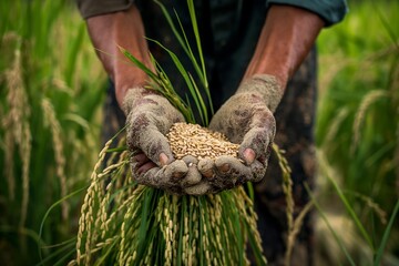 A farmer's hands holding a handful of soybeans.