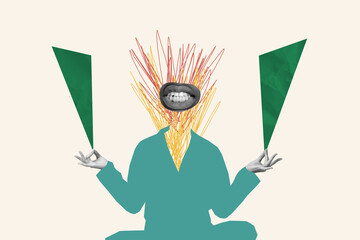 Creative collage of meditate pose mouth instead head surreal bullying psychology bizarre unusual...