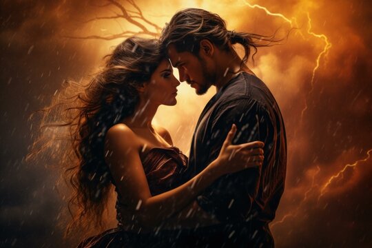 Romantic couple shares a close embrace as a dramatic lightning storm rages in the background - Powered by Adobe