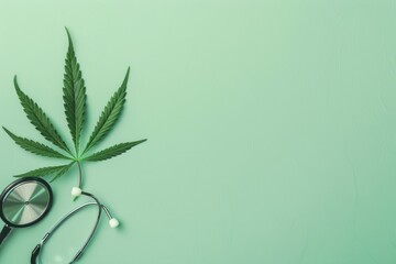 Cannabis leaf and stethoscope on a green background, symbolizing medical use of marijuana.