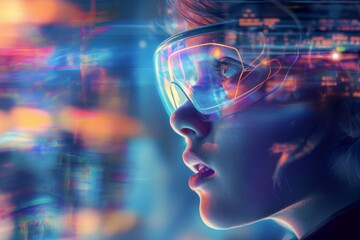 A young woman wearing virtual reality glasses is immersed in a digital world.