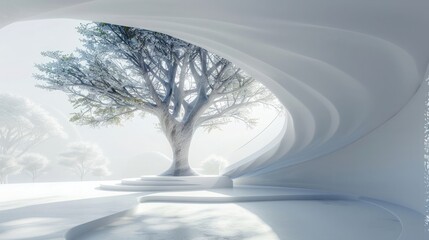 A white parametric organic interior space with a tree in the middle, soft light and shadow, high resolution, high detail, hyper realistic,