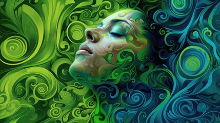 A woman's face is surrounded by a swirl of green and blue shapes
