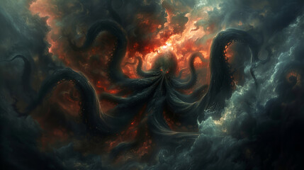 A nightmarish scene of a squid-like entity with glowing tentacles navigating through a dark, chaotic sky, filled with swirling mists, copy space