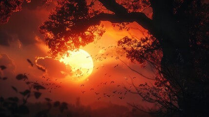 A tree with leaves and a sun in the sky