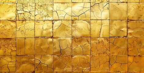 Abstract background of golden square tiles with cracks, golden texture for wall cladding or...