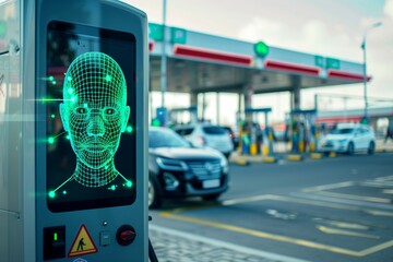 The image shows a gas station with a facial recognition system.
