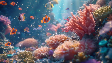 Close-up view of a coral garden with intricate textures and patterns, surrounded by small colorful fish and sea creatures. 