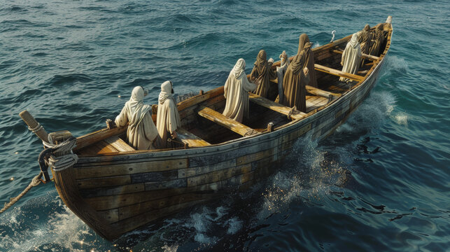 old wooden rugged boat floating on of the water with Jesus Christ and His 12 Disciples, splashing, set against the backdrop of a deep blue ocean.