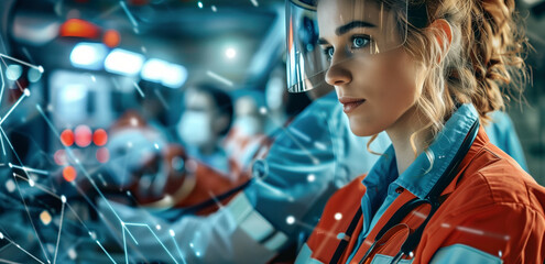 Woman paramedic in action with digital network overlay, wearing safety glasses