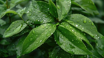 Fototapeta premium Close-up of water droplets on green leaves in nature