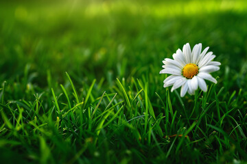 A delicate white daisy blossom set against lush green grass, radiating simplicity, purity, and natural beauty. Evokes feelings of tranquility, serenity, and the beauty of nature.