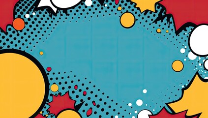 A blue background with red and yellow dots and stars. The background is a comic book style