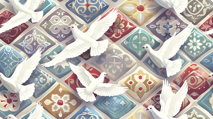 Calligraphy and Doves Tiles: Islamic Art with Peaceful Dove Symbolism for Eid Al Adha   Flat Isometric Illustration