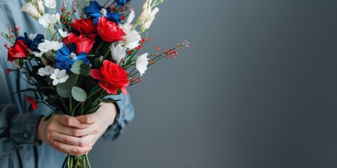 A person's hand holding a bouquet of flowers featuring red, white, and blue blossoms against a dark background, symbolizing a patriotic theme. 4th of July, american independence day
