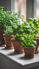 Pots of aromatic herbs such as basil, mint, parsley, and rosemary growing on a windowsill, A kitchen herb garden