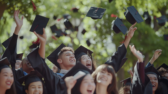 Recent Graduates throw graduation caps on blue sky or air. celebrate convocation, graduation ceremony, success of college students.