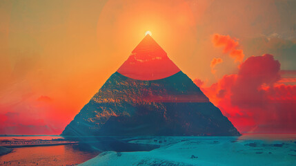 A pyramid is shown in a painting with a red sun in the center