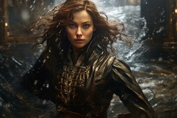 Fierce female warrior with flowing hair in a dramatic water scene