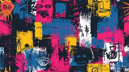 punk pop rock style elements abstract face with grungy texture with color splash abstract background, seamless pattern tile, Generative Ai