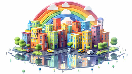 Downtown Rainbow Reflections: Brilliant Colorful Urban Tapestry in Isometric Flat Design Icon Illustration Concept