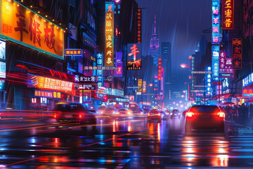 A busy city street with neon signs and cars driving by