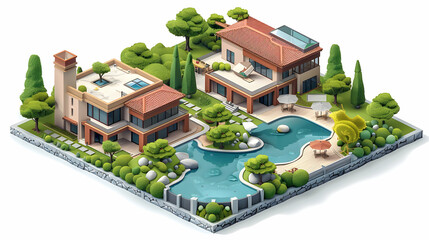 Eco Friendly Hot Springs Resort: Luxury  Sustainability Merged in Isometric Flat Design Icon