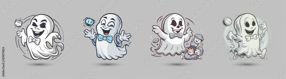 Sticker Happy ghost floats with a bowtie and hat, Generative AI