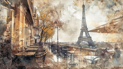 A painting of the Eiffel Tower and a city street with a cafe