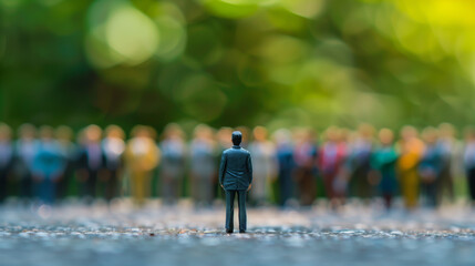 Single male figurine standing before blurred crowd, concept of leadership and individuality in society.