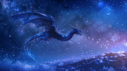 A blue dragon is flying through the sky above a cloudy, starry night