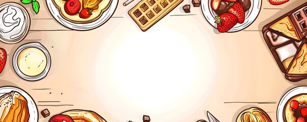 Waffle chocolate and muffin cake illustrations with central white space in each plate isolated dish frame for food event