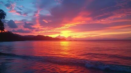 Fototapeta premium A breathtaking sunset paints the sky with hues of orange and pink, evoking a sense of wonder and happiness.