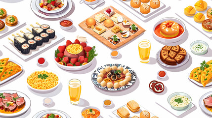 Eid Feast Tiles Concept: Traditional Dishes  Festive Settings  Isometric Flat Design Icon Illustration