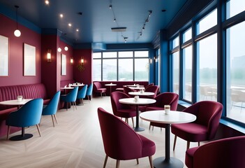 Stylish cafe interior with chairs and eating tables with sofa, window. 
