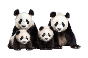 A family of giant pandas sits together in isolated on transparent background