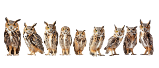 A group of meerkats standing in a row, looking around in isolated on transparent background
