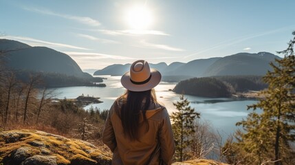 Woman with hat and backpack admiring mountain and lake view from summit in sunlight
