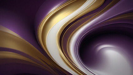 Abstract fluid swirls and curves composition in a harmonious purple, gold and pure white with sense of movement smooth gradient. Abstract fluid background. Generative AI.