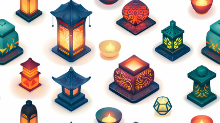 Festive Lantern Tiles: Traditional Independence Day Lanterns Lighting Up Celebrations   Flat Design Isometric Illustration Concept