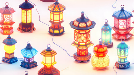 Festive Lantern Tiles: Traditional Independence Day Lanterns Lighting up Celebrations in Flat Design Isometric Scene