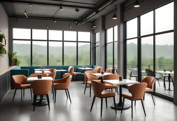 Stylish cafe interior with chairs and eating tables with sofa, window. 