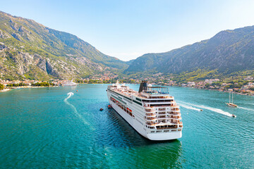 Cruise Ship Drone Capture: Majestic Beauty of Kotor Bay with Amidst Mountains
