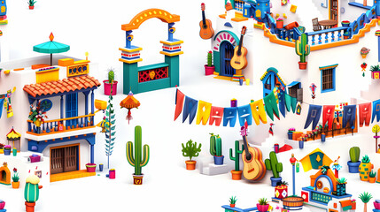 Feria de las Flores Fiesta Night Tiles: Lively Flat Design Icons of Music and Dance in Isometric Scene