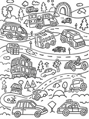 Fototapeta premium A black and white drawing of a busy street with many different types of vehicles, including cars. 