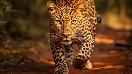 Fototapeta premium Leopard hunting down its prey in the untamed wilderness, intense pursuit through the natural habitat