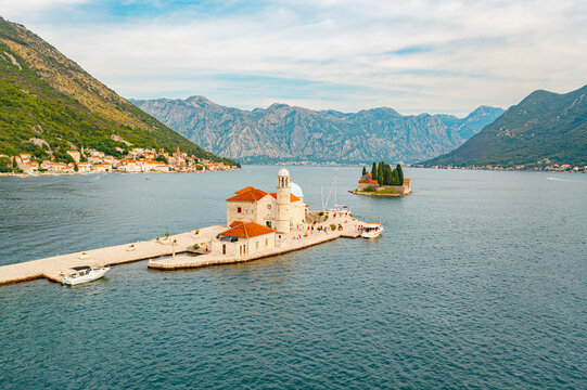 Aerial view of Our Lady of the Rocks island, Perast, Montenegro.