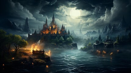 A painting depicting a majestic castle on a hill during a stormy night. The castle looks imposing and stately, but its towers and walls are streaked with wind and lightning illuminating the dark sky.